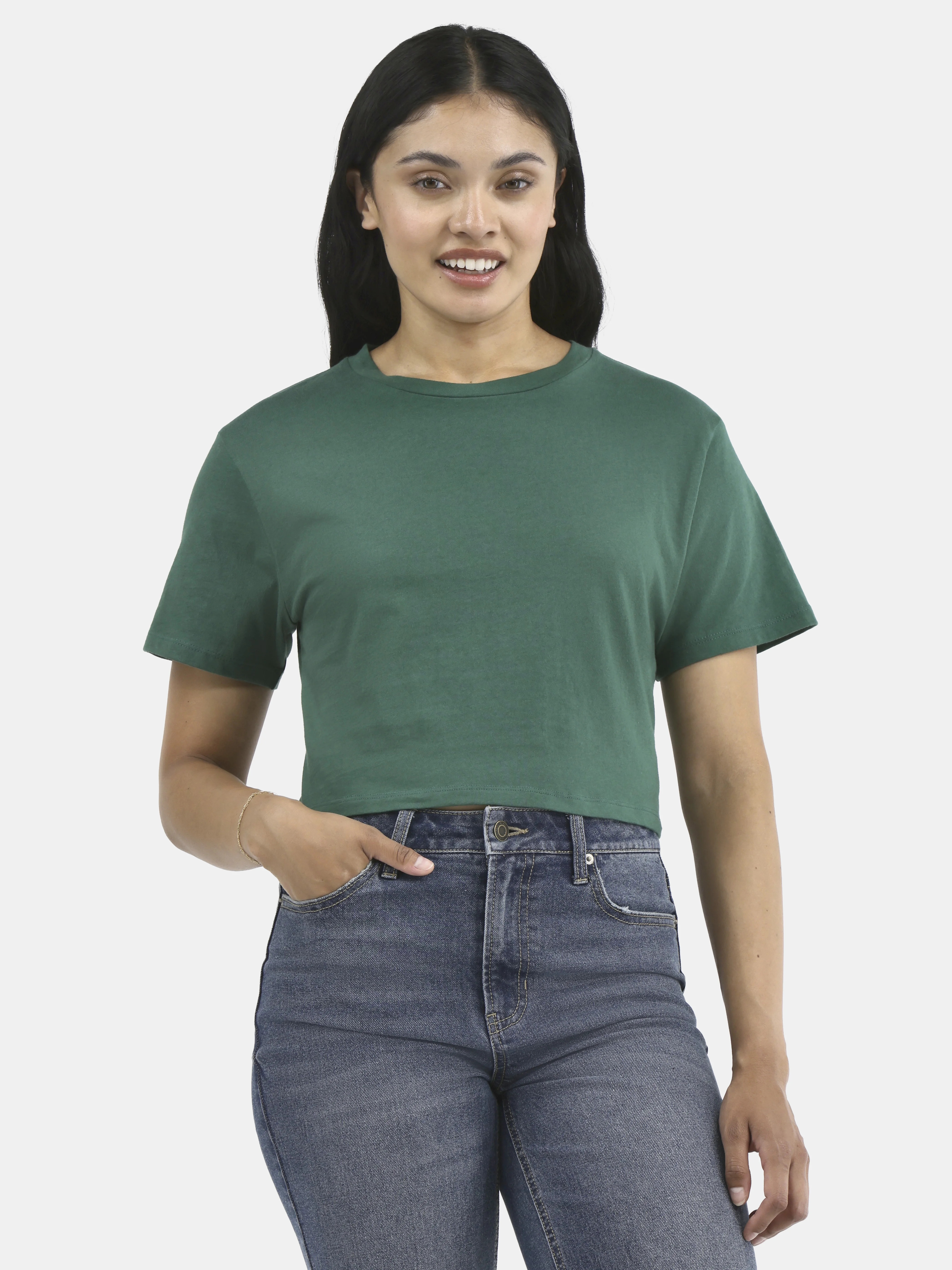 No Boundaries Cropped Boxy Cotton Tee with Short Sleeves, Women's - Walmart.com | Walmart (US)