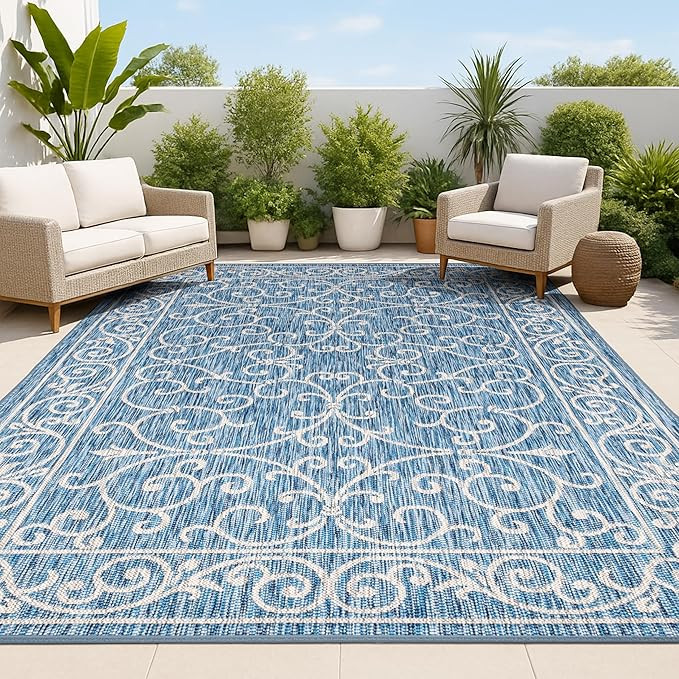JONATHAN Y Vintage Filigree Indoor Outdoor Area Rug 9X12 Navy/Gray, Charleston Textured Weave for... | Amazon (US)