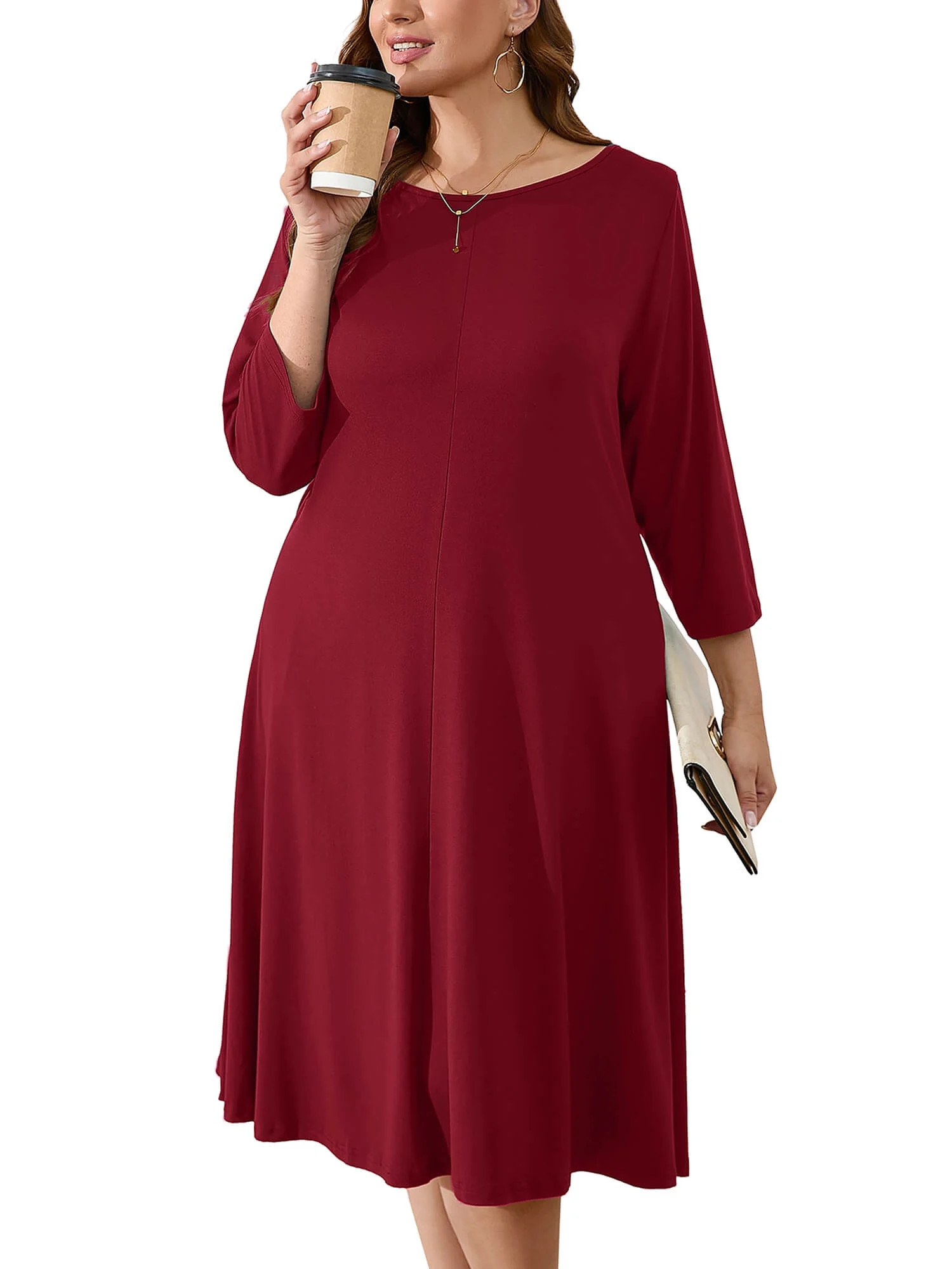 SHOWMALL Women's Plus Size Swing Drape Dress Wine Red 3X Midi Dress 3/4 Sleeves Wedding Guest Dre... | Walmart (US)