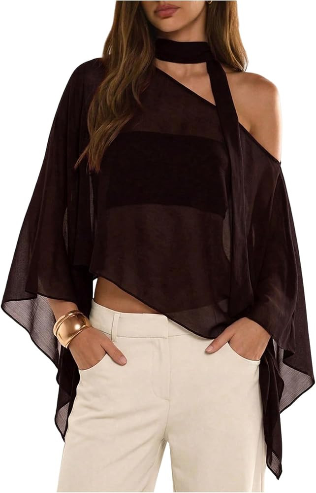 WDIRARA Women's Poncho Top Off The Shoulder Tops Y2k Flowy with Scarf | Amazon (US)