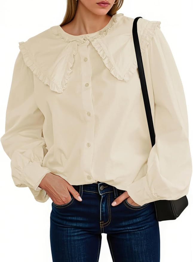 Tankaneo Womens Button Down Shirts Cotton Puff Sleeve Babydoll Blouse Fall Casual Doll Collar Top... | Amazon (US)