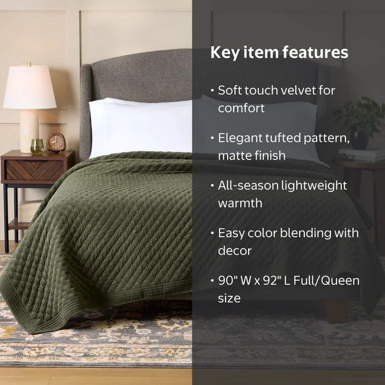 Better Homes & Gardens Tufted Matte Velvet Quilt, Green, Full/Queen | Walmart (US)
