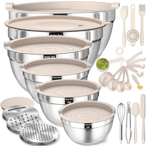 Mixing Bowls with Airtight Lids Set, 26PCS Stainless Steel Khaki Bowls with Grater Attachments, Non-Slip Bottoms & Kitchen Gadgets Set, Size 7, 4, 2.5, 2.0,1.5, 1QT, Great for Mixing & Serving | Amazon (US)