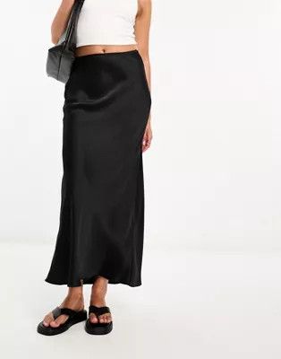 River Island satin bias midi skirt in black | ASOS (Global)