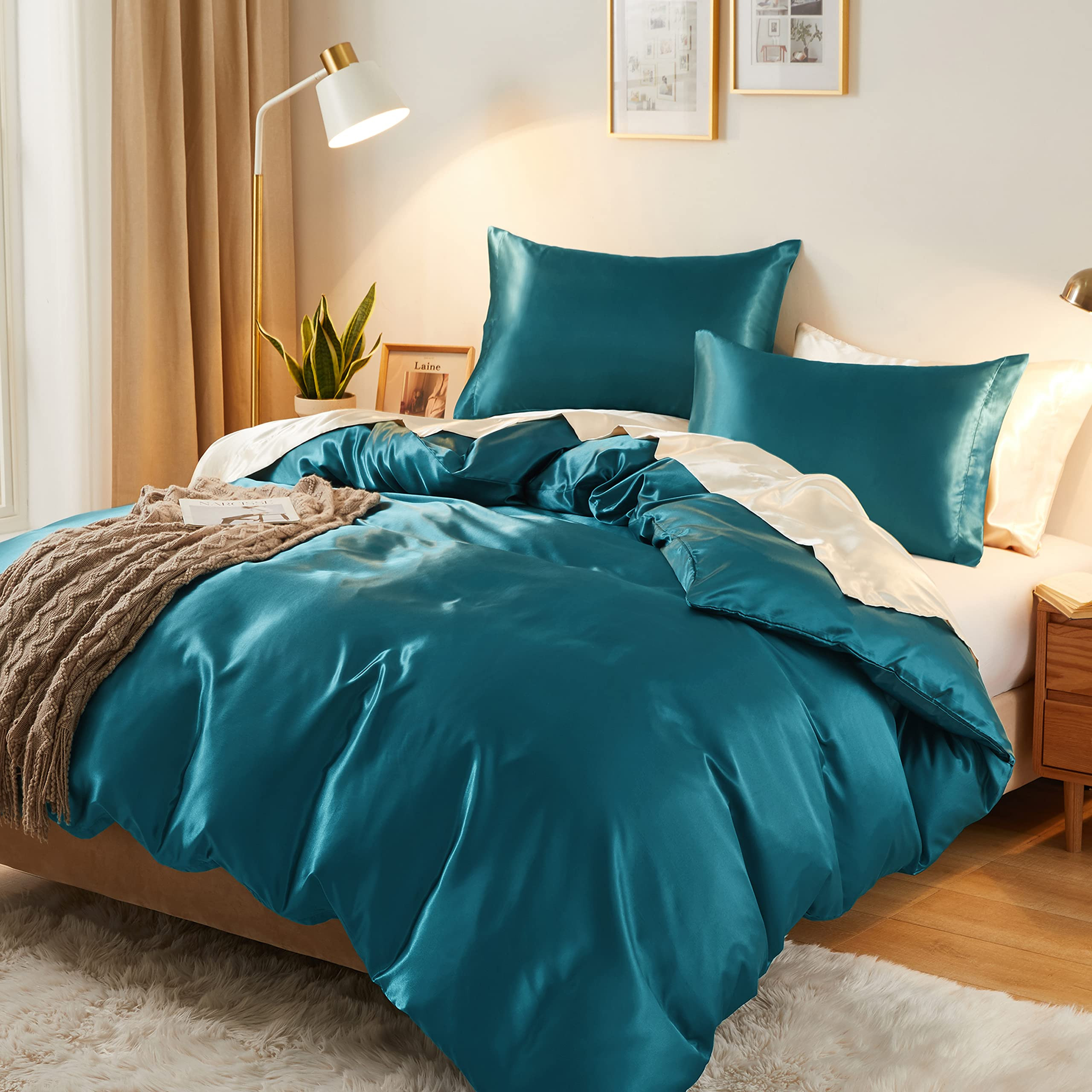 Vonty 3-Piece Silky Satin Duvet Cover Set King Size Duvet Cover, Organic Natural 400TC Teal Duvet... | Amazon (US)