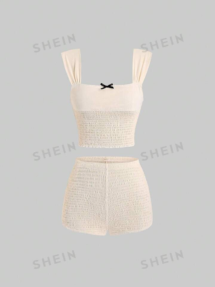 SHEIN Qutie Shirred Slim Fit Two Piece Suit | SHEIN