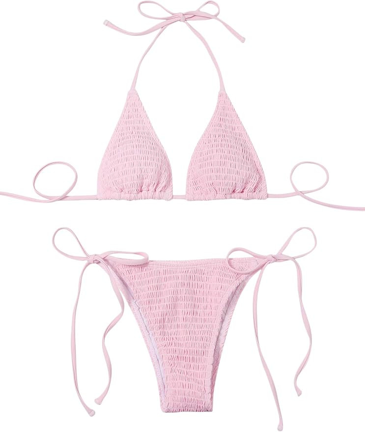 SweatyRocks Women's 2 Piece Triangle Bathing Suit Halter Top ​Tie Side Thong Bikini Swimsuits | Amazon (US)