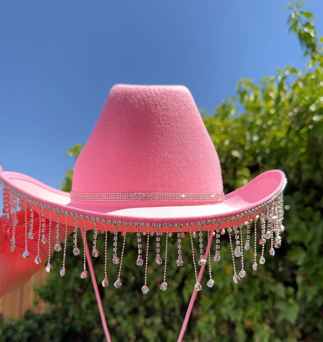 Pink Cowboy Hat With Rhinestone Fringe and Rhinestone Hat Band, Bridal Shower Hat, Pink Cowgirl H... | Etsy (US)