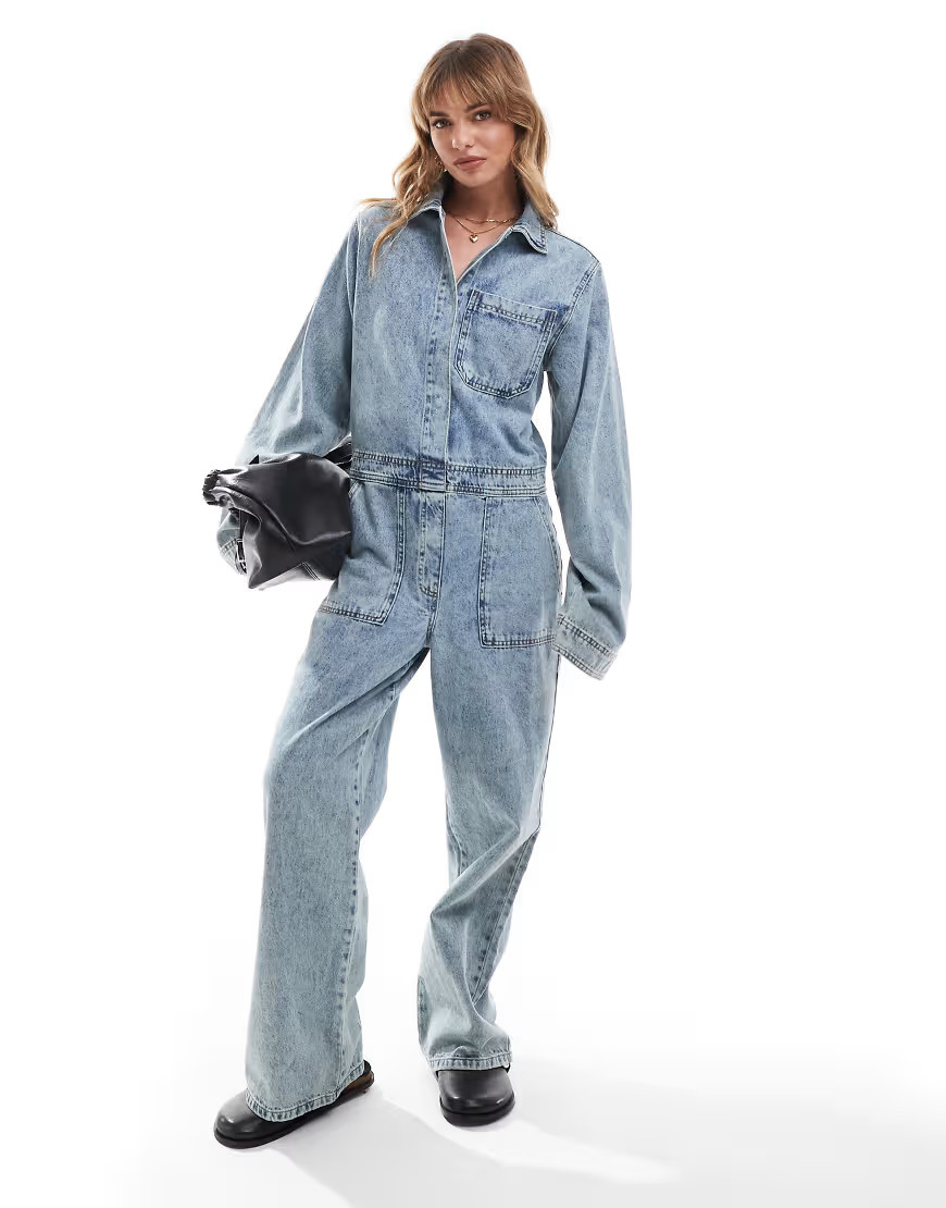 ASOS DESIGN denim boilersuit in mid wash blue | ASOS (Global)