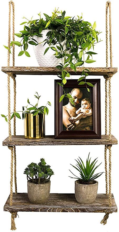 TIMEYARD Decorative Wall Hanging Shelf, 3 Tier Distressed Wood Jute Rope Floating Shelves, Rustic... | Amazon (US)