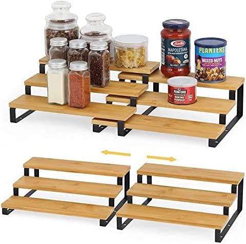 2 Pack Spice Rack Organizer for Cabinet, 3 Tier Extendable Bamboo Spice Rack, Modern Step Shelf O... | Amazon (US)