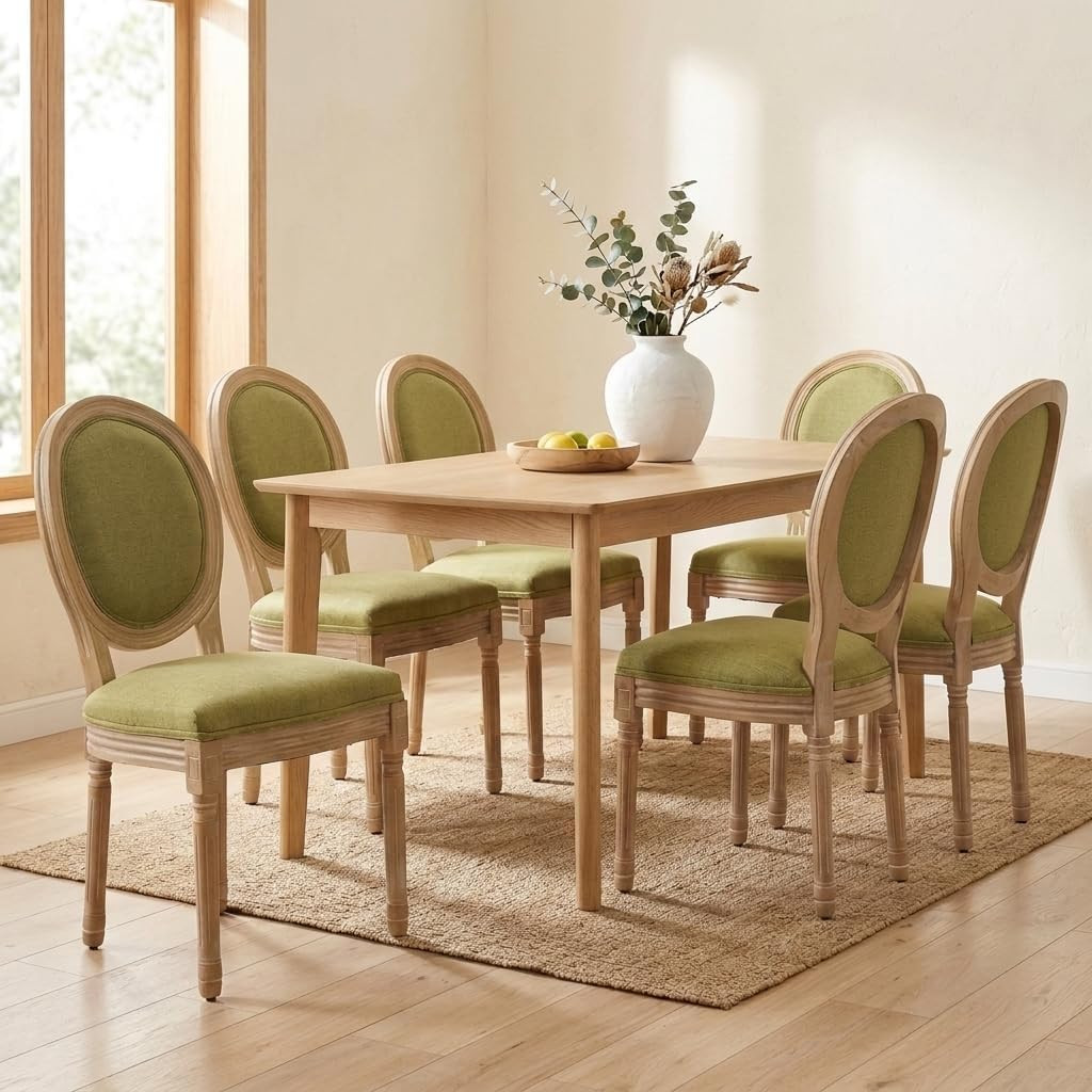 French Country Dining Chairs Set of 6, Olive Round Back Dining Chairs with Linen Upholstered Seat... | Amazon (US)