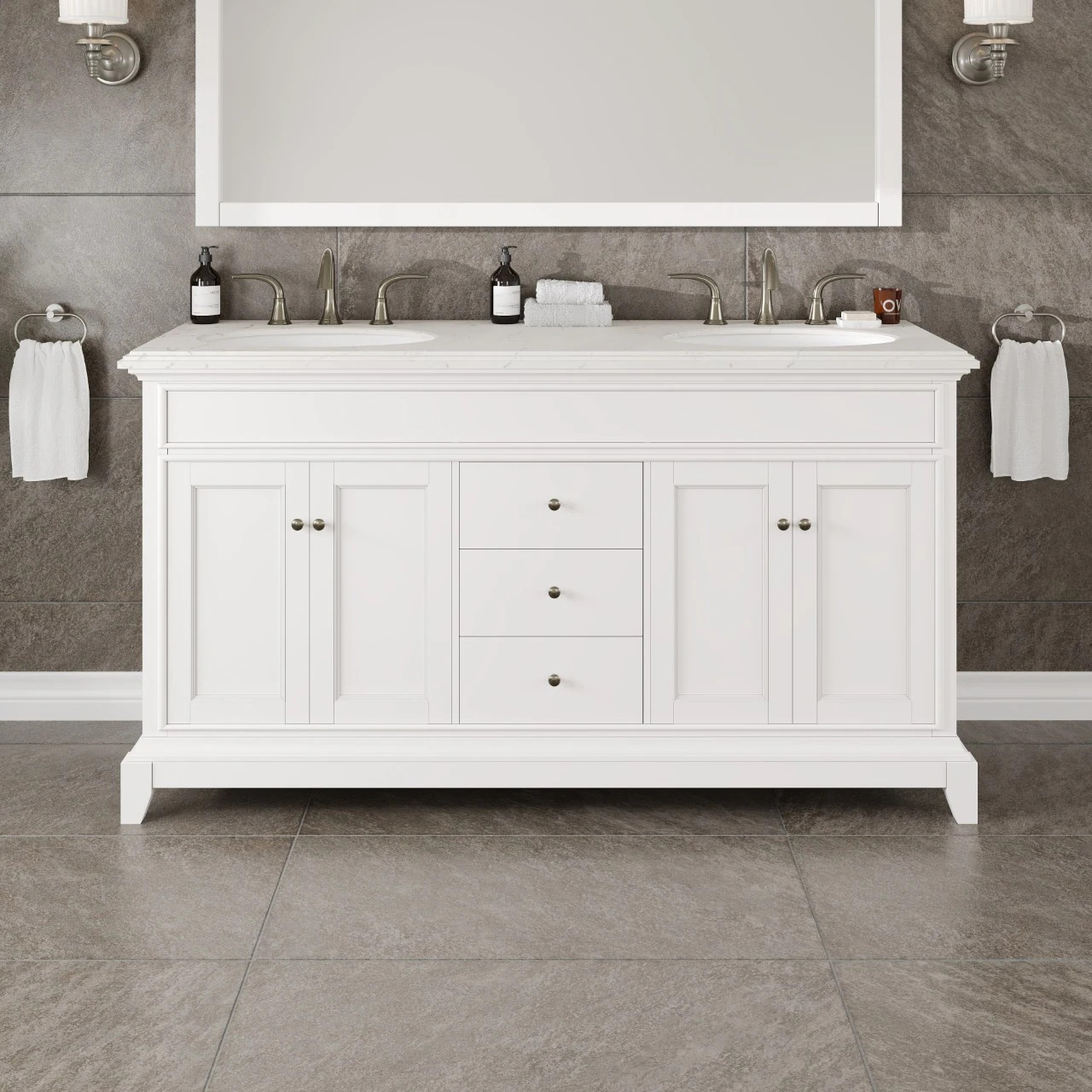 Eviva Elite Stamford 60-in White Undermount Double Sink Bathroom Vanity with White Quartz Top Stainless Steel one_size | EVVN709-60WH-Q | Lowe's
