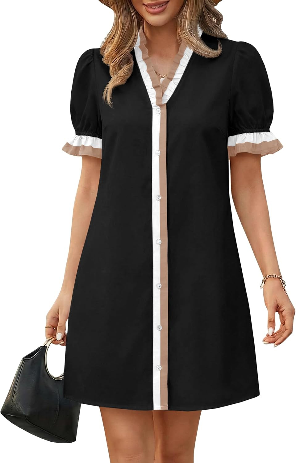 Wenrine Women Summer Floral Puff Sleeve Button Down Mini Dress with Pockets | Amazon (US)