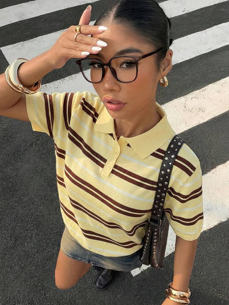 Muchica Women's Minimalist Daily Button Striped Short Sleeve Knit Top , Y2k Retro | SHEIN