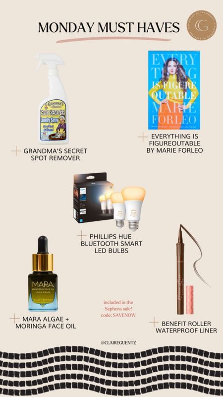 Monday must haves. 

Liquid eyeliner; Sephora sale; face oil; Philips hue lightbulbs, smart lightbulbs; stain remover 

#LTKbeauty #LTKsalealert #LTKhome