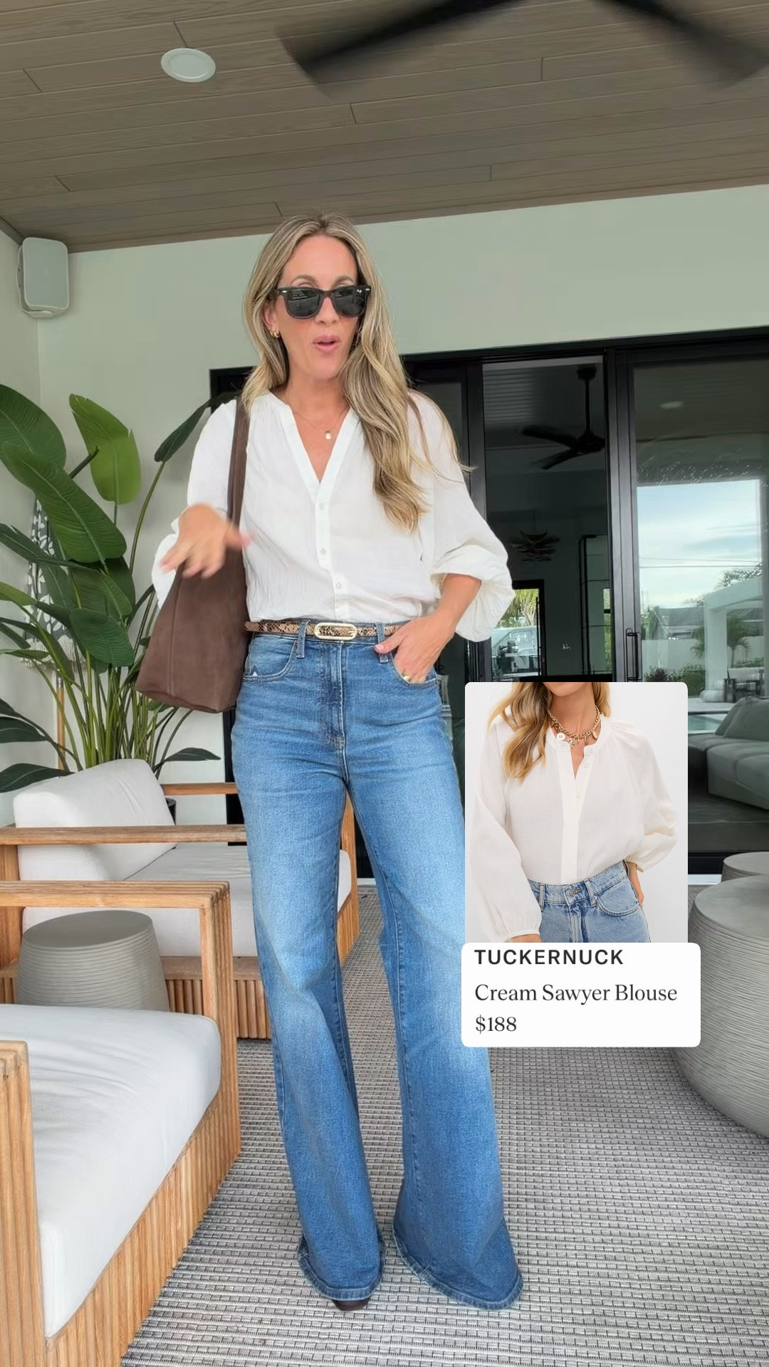 Target sale, Tuckernuck designer dupe blouse, mother dupe jeans and suede brown bag
