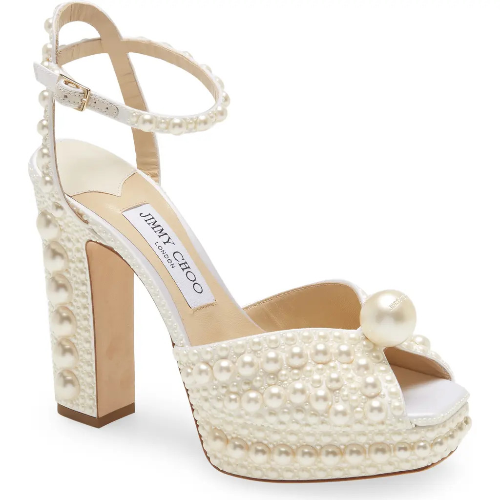 Jimmy Choo Sacaria Embellished Platform Sandal in White/White at Nordstrom, Size 7.5Us | Nordstrom