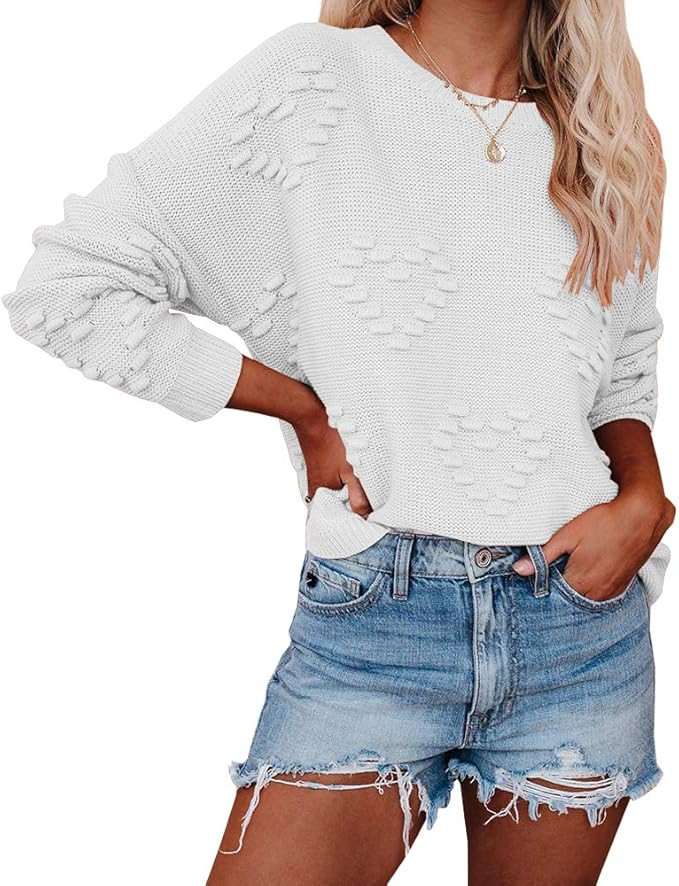 Tutorutor Womens Cute Heart Love Print Sweater Tops Oversized Crew Neck Dot Ball Loose Knitted Sp... | Amazon (US)