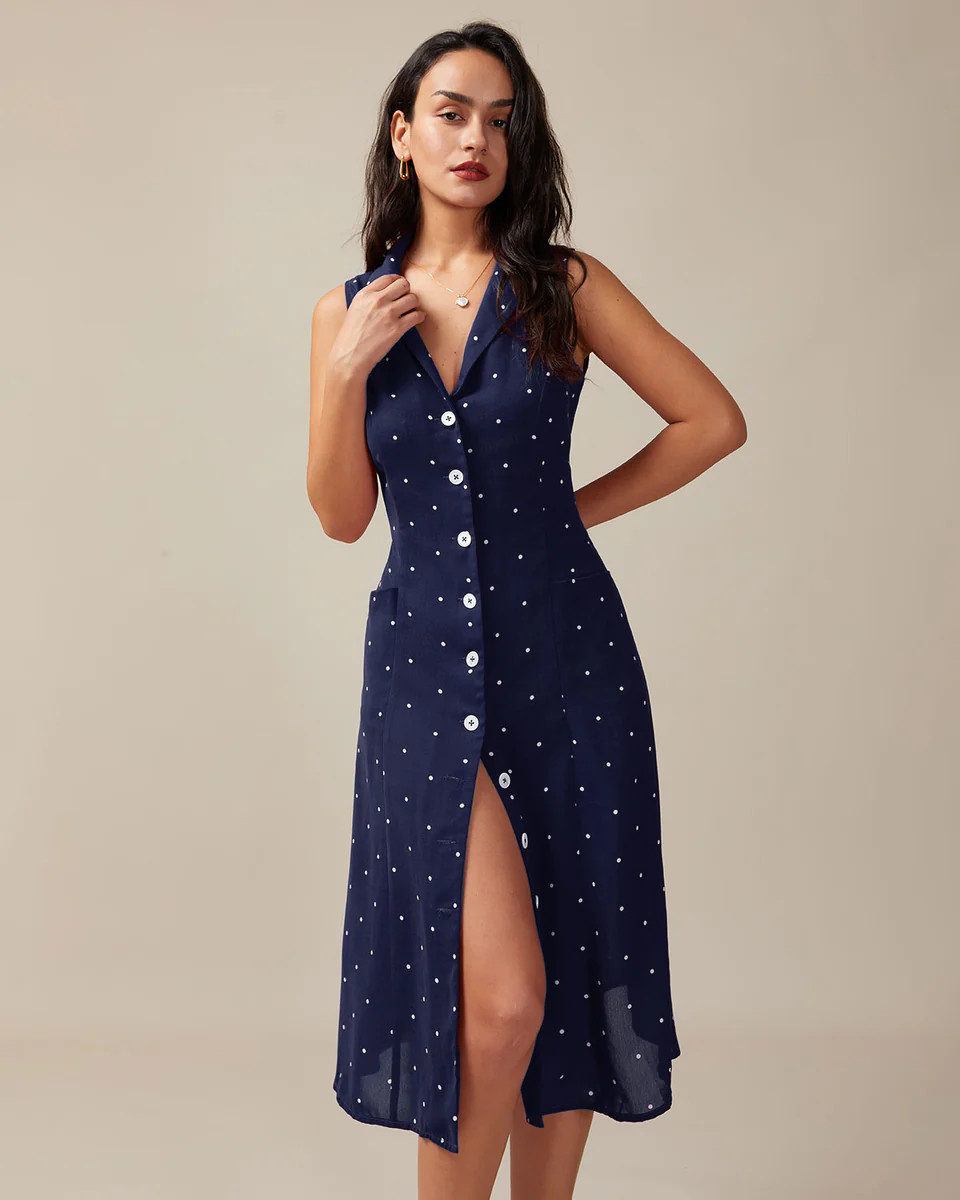 Navy V Neck Polka Dot Tie Back Midi Dress | rihoas.com