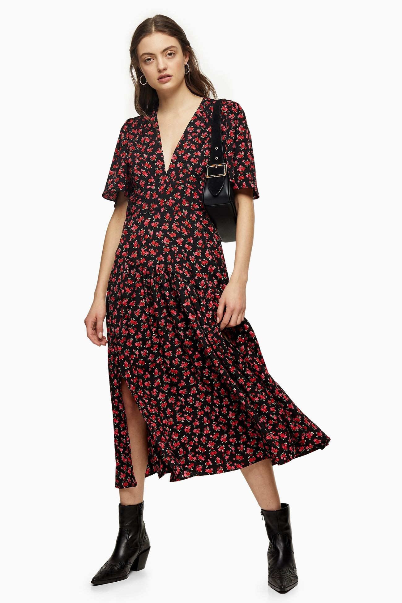 Red Floral Print  Angel Sleeve Midi Dress | Topshop US