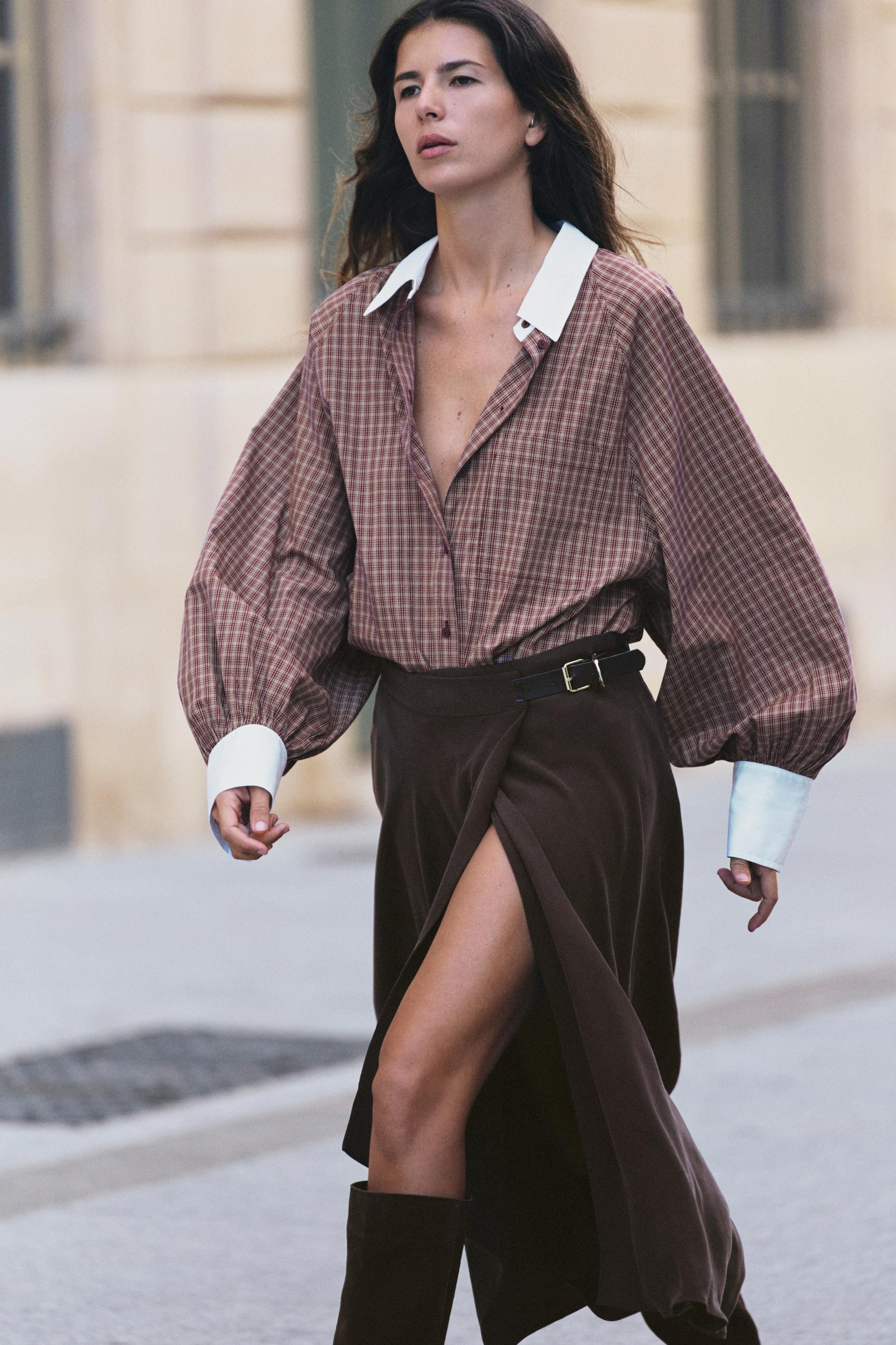 Zara - Combined Check Shirt - Maroon - S - Woman | Zara US