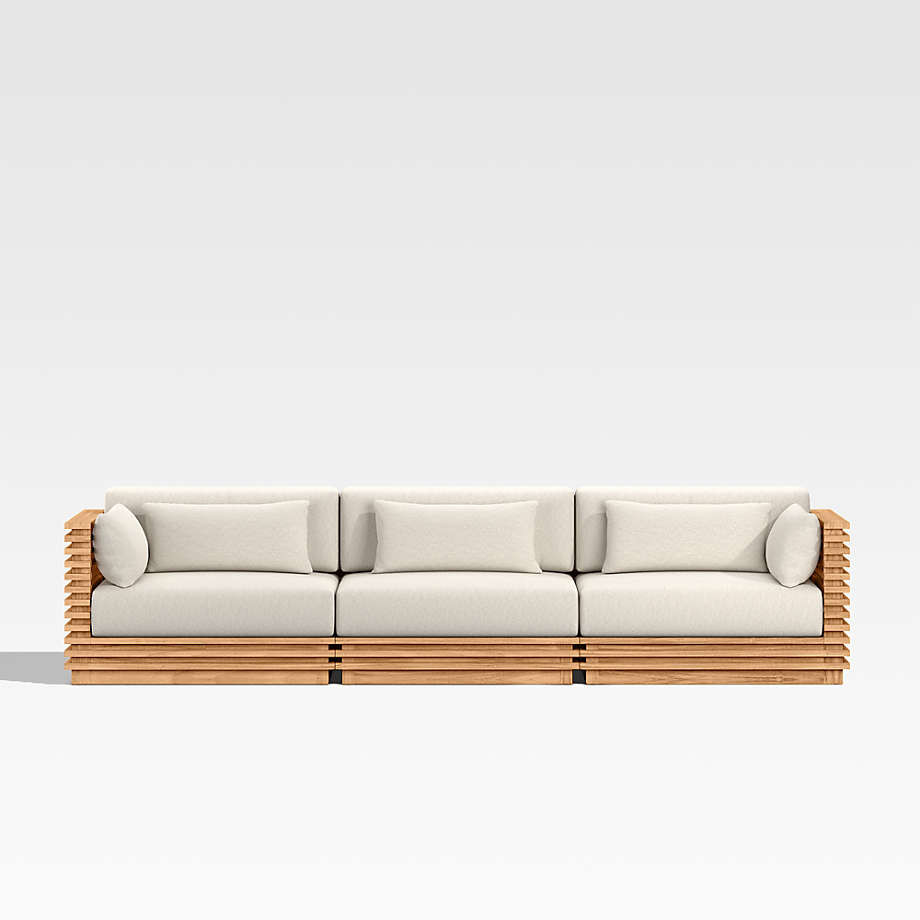 Batten 120" Natural Teak Outdoor Sofa with Oat Cushions | Crate & Barrel | Crate & Barrel