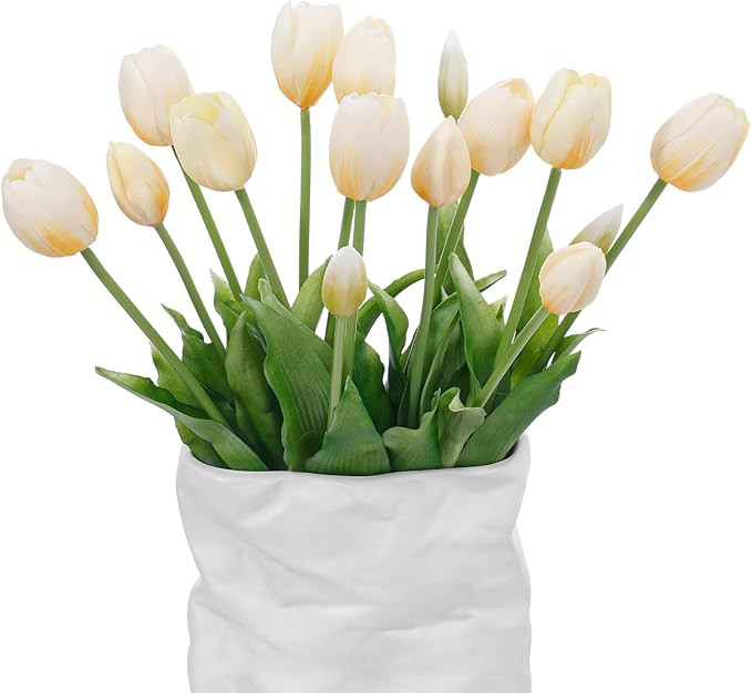 15 Pcs Off White Artificial Flowers Tulips Latex Plastic Soft Faux Bouquets for Party, Wedding, H... | Amazon (US)