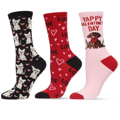 MeMoi 3 Pair Bundle Women's Valentine's Day Crew Socks Black-Red 9-11 | Target