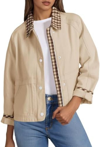 Tankaneo Womens Cropped Jacket Lightweight Casual Zip Up Barn Jackets Fall Contrast Plaid Outerwe... | Amazon (US)
