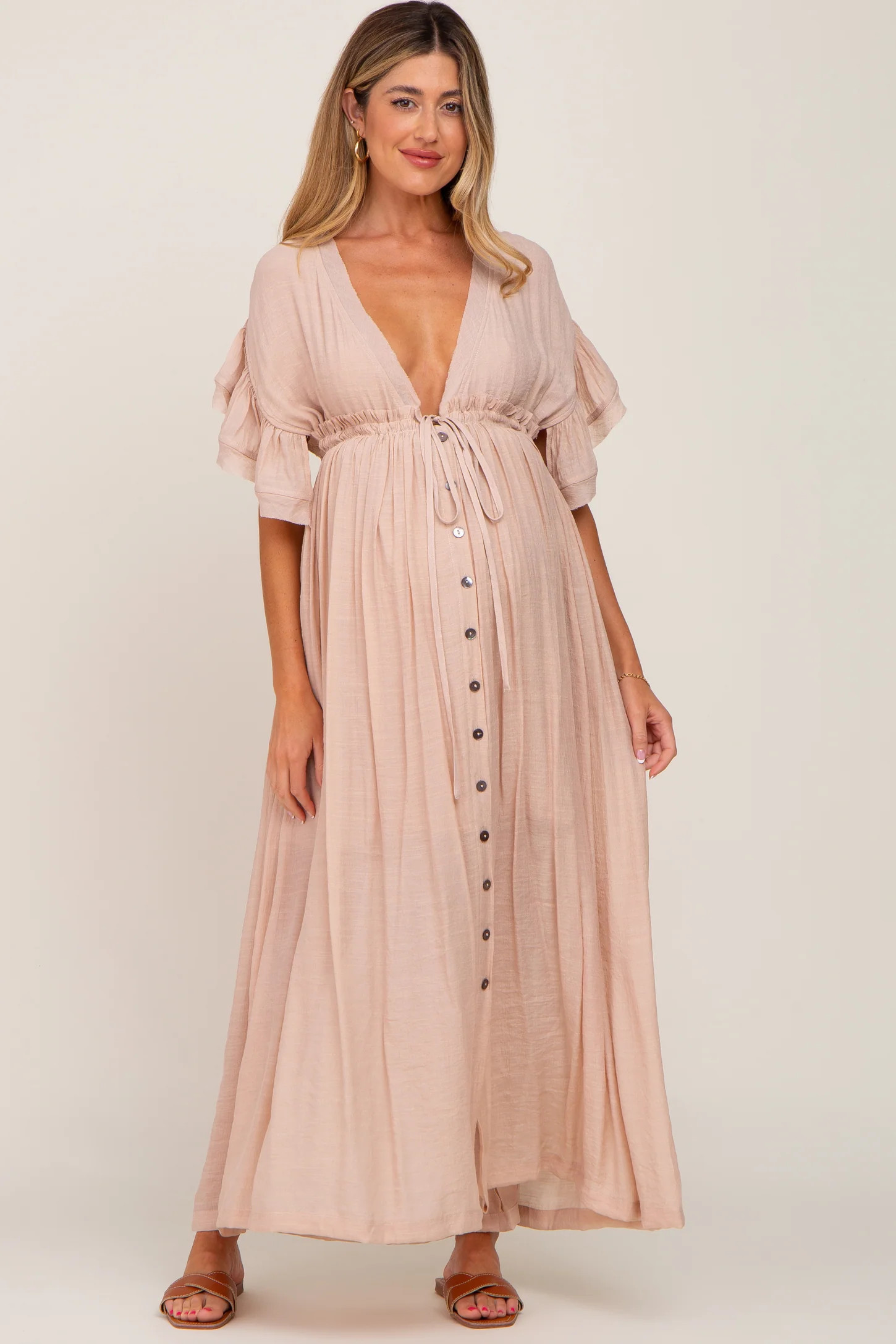 Light Blue Deep V-Neck Button Down Maternity Maxi Dress | PinkBlush Maternity