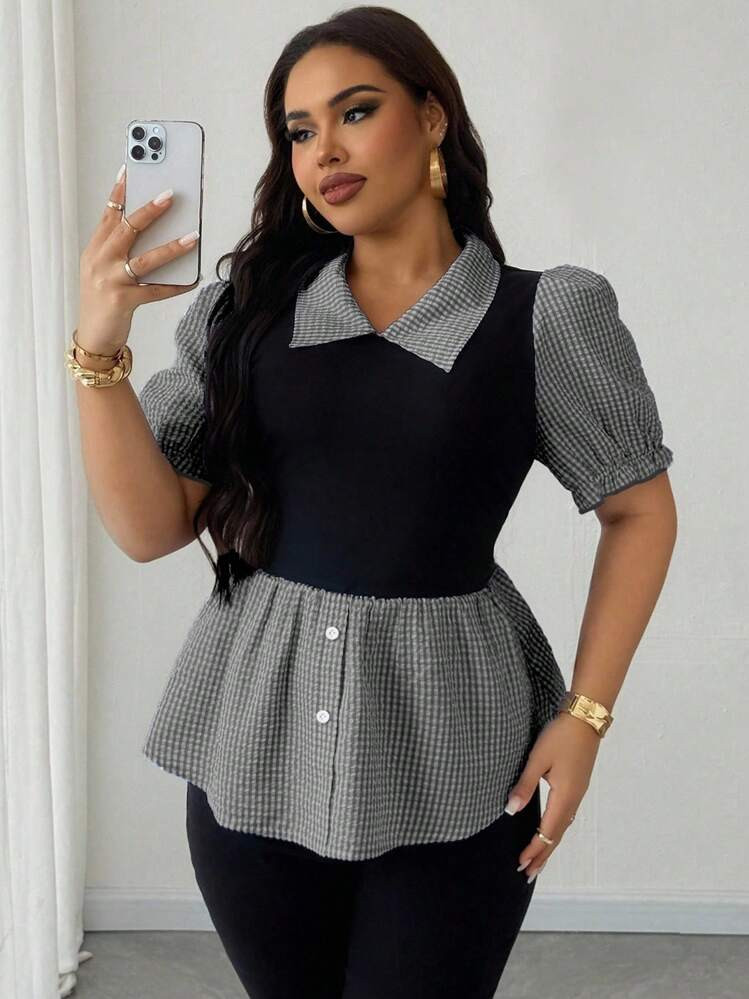 Plus Size Women Lapel Patchwork Plaid Faux 2-In-1 Top | SHEIN