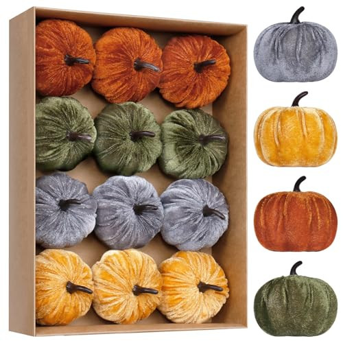 Super Holiday 12PCS Artificial Velvet Pumpkins Decorations, 4 Colors Foam Faux Flocked Pumpkins for Fall Harvest Theme Party Wedding Halloween Thanksgiving Table Decor | Amazon (US)