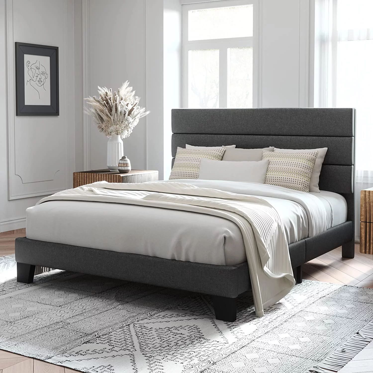 Allewie Queen Size Platform Bed Frame with Fabric Upholstered Headboard, No Box Spring Needed, Da... | Walmart (US)