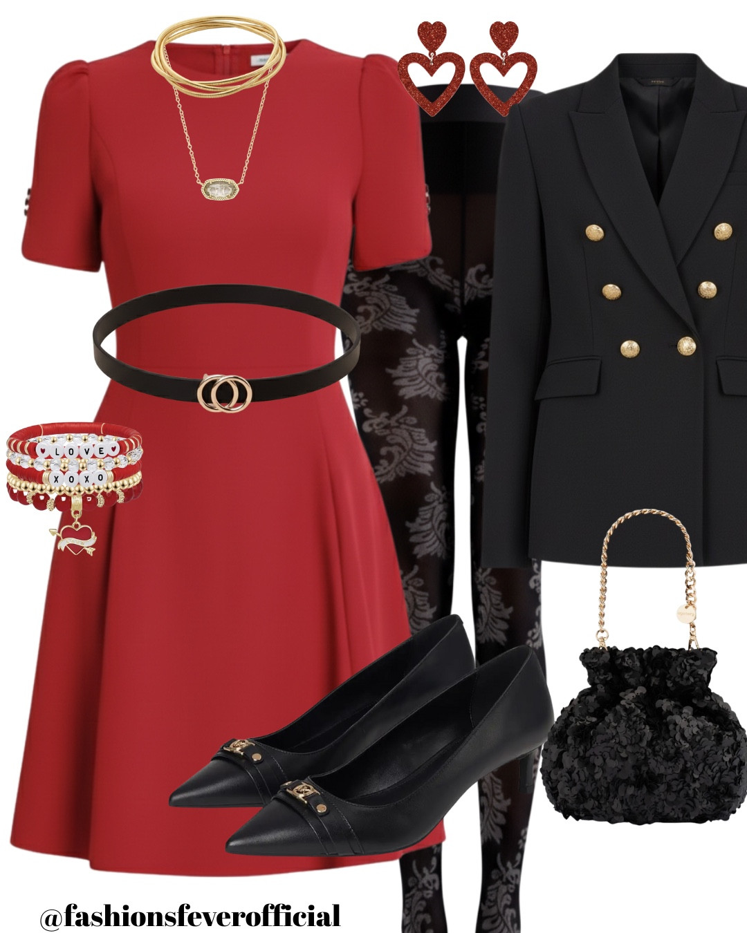 Valentine’s Day Look: Chic, Bold, & Timeless
The ultimate Valentine’s Day outfit that transitions perfectly from the office to a romantic dinner in the city! ❤️There’s nothing more classic than a vibrant red dress paired with a structured black blazer. I’m obsessed with these patterned tights, they add such a sophisticated, high-fashion edge to the look. Whether you’re celebrating Galentine’s with the girls or a special date night, this outfit is a showstopper. 
How to Style: * The Blazer: Look for gold hardware to elevate the aesthetic.
• The Accessories: Heart-shaped earrings are a must for February!
• The Tights: Floral lace or patterned sheer tights are the "it" accessory this season.

Flatlay shows the original outfit. An AI image is used for outfit representation.

#LTKSeasonal #ValentinesDayOutfit #DateNightStyle #WorkWearStyle #RedDress #HolidayStyle

#LTKootd #LTKValentine