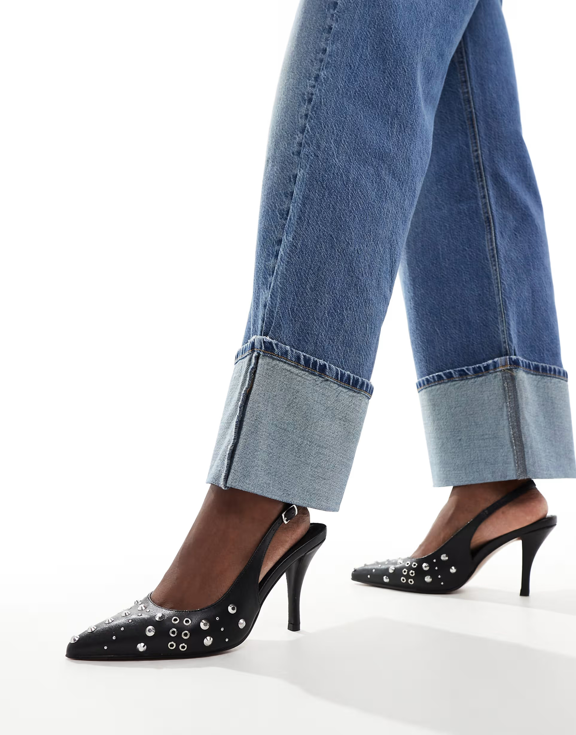 ASOS DESIGN Serenity studded slingback heeled mid shoes in black | ASOS (Global)