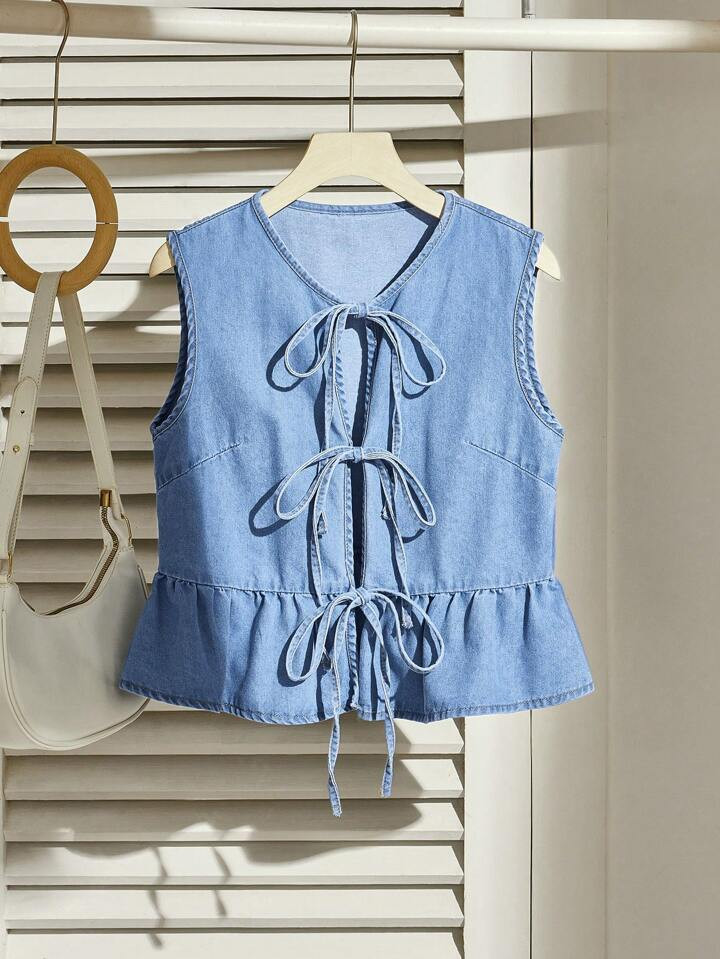 Comfortcana Women's Denim Waistcoat, Casual Tie-Up Bow Ruffle Hem Vest, Blue | SHEIN