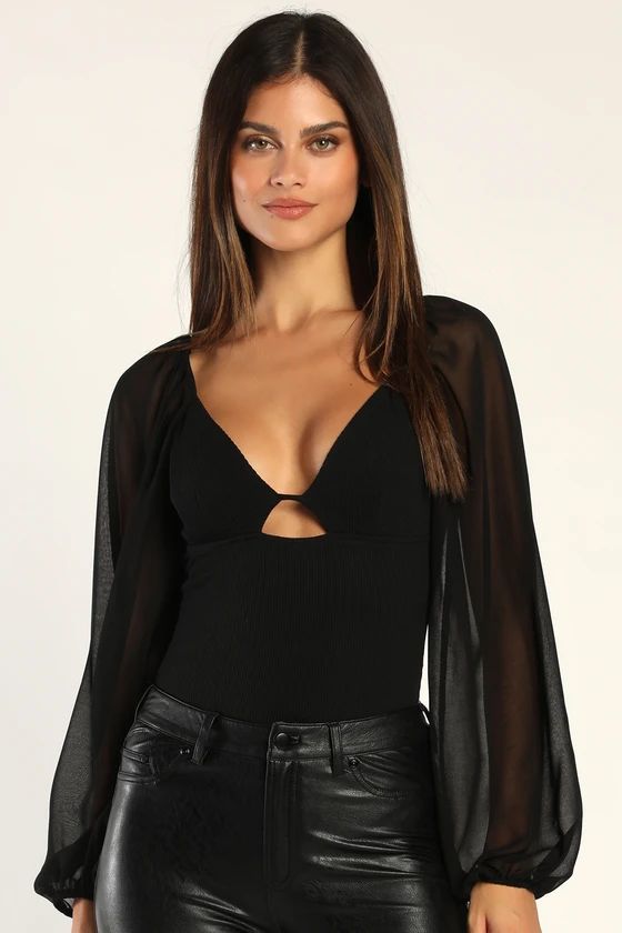 Got You Hooked Black Ribbed Knit Long Sleeve Cutout Bodysuit | Lulus (US)