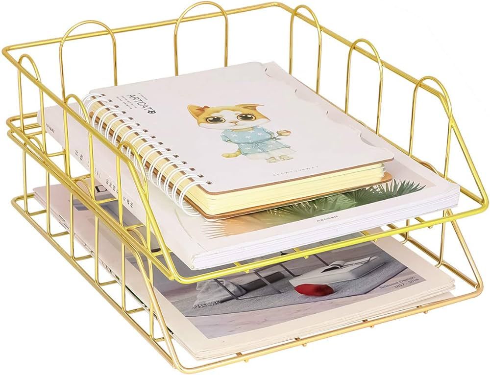 Superbpag Desk Organizers Stackable Office Letter Organizer Desk Tray - Pack of 2, Gold | Amazon (US)