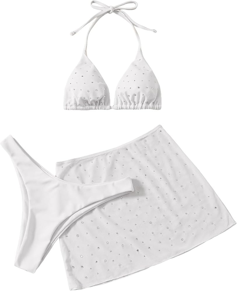 MakeMeChic Women's 3 Piece Bikini Sets Halter Triangle Bathing Suit High Cut with Beach Skirts | Amazon (US)