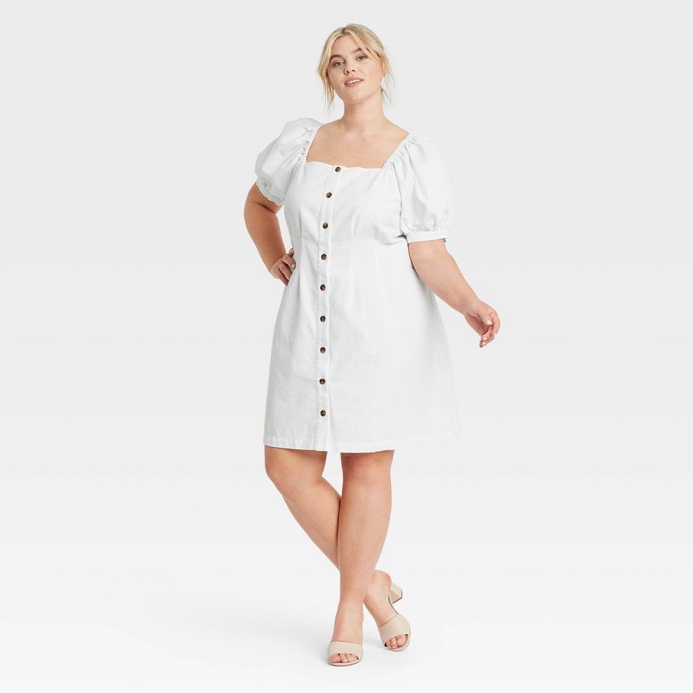Women's Plus Size Short Puff Sleeve Denim Dress - Who What Wear Bright White 1X | Target