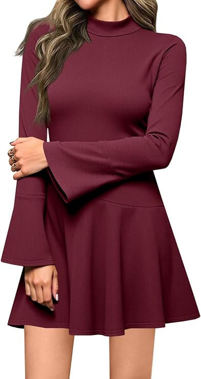 Wenrine Womens Long Bell Sleeve Mini Dress Casual Mock Neck Ruffle Hem Slim Fit Fall Knit Dresses | Amazon (US)