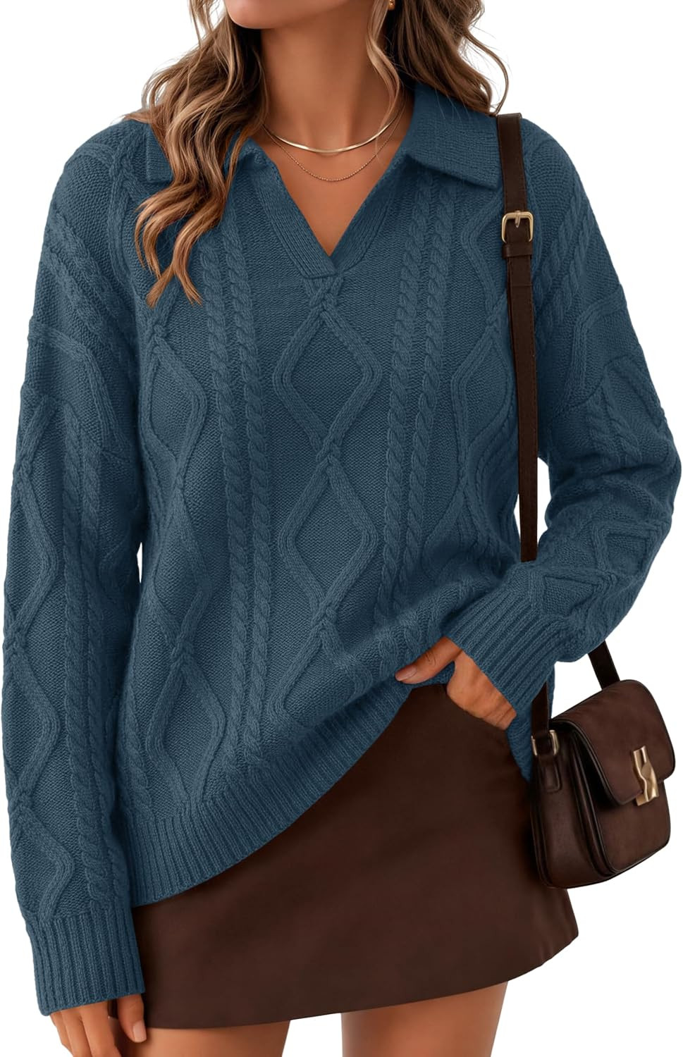 Lazysmile Womens Oversized Cable Knit Sweater V Neck Polo Pullover | Amazon (US)