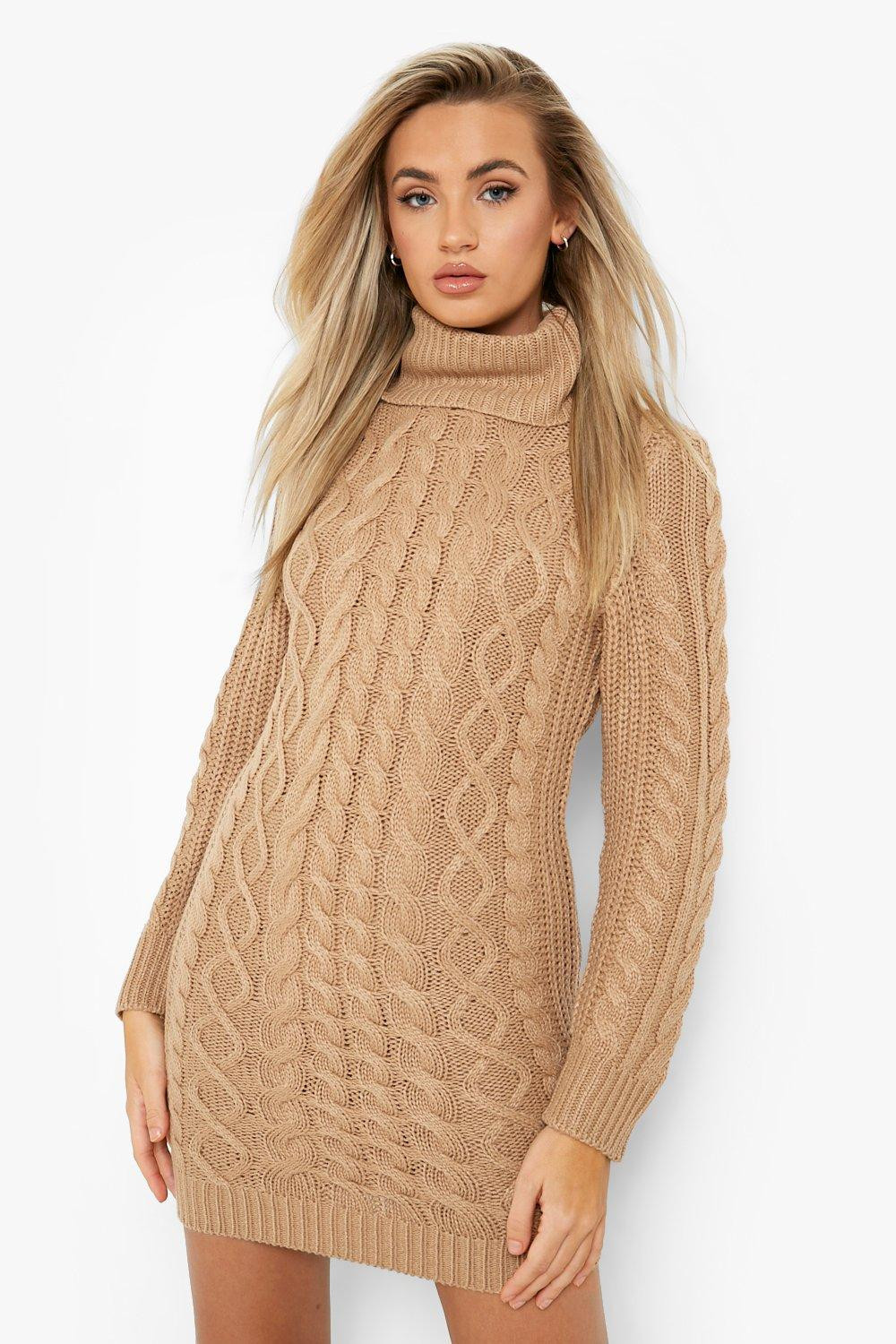 Womens Chunky Cable Roll Neck Sweater Dress - Beige - S | Boohoo.com (US & CA)
