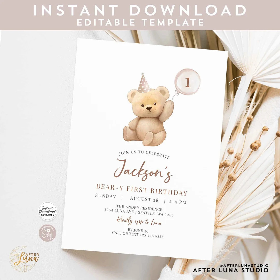 Editable ANY AGE Brown Boy Teddy Bear Birthday Invitation Balloon Beary 1st Birthday Invite Print... | Etsy (US)