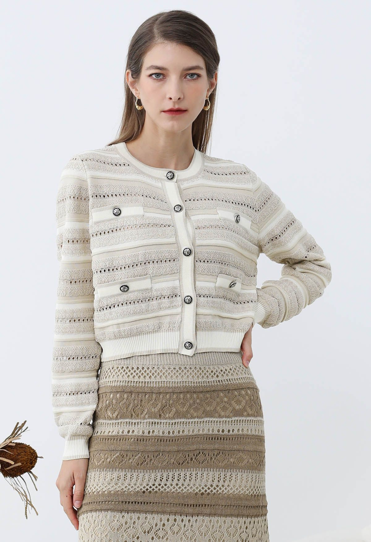 Striped Pointelle Lace Knit Button Cardigan in Oatmeal | Chicwish