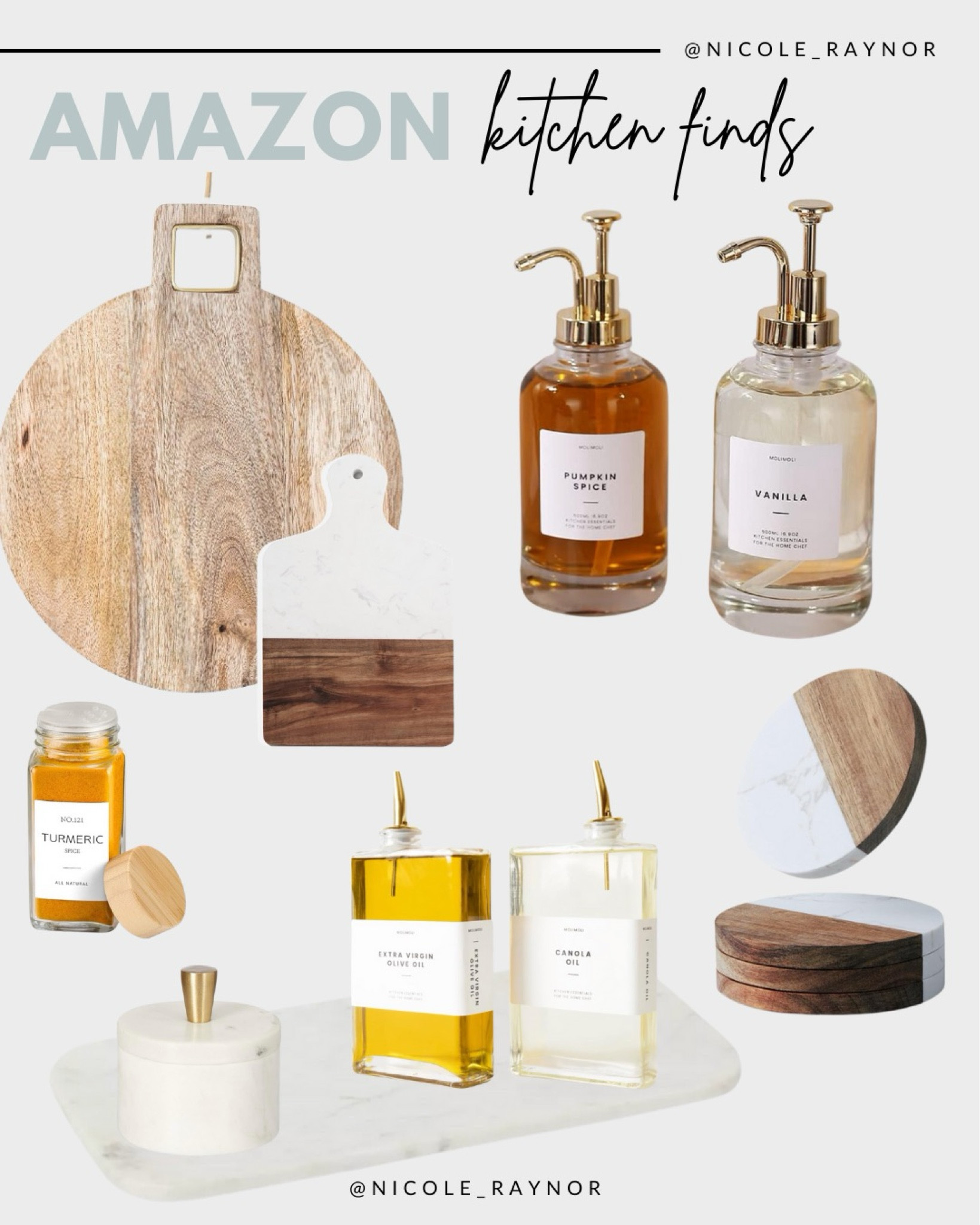 Amazon kitchen finds

Cutting board // marble tray // salt cellar // syrup dispenser // olive oil dispenser // glass bottle dispenser // marble coasters // spice jars // bamboo lid // marble cutting board 

#LTKFindsUnder50 #LTKGiftGuide #LTKHome