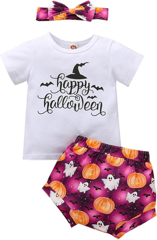 Newborn Baby Girl Halloween Outfit Short Sleeve T-shirt Top Pumpkin Printing Shorts Pants Headban... | Amazon (US)