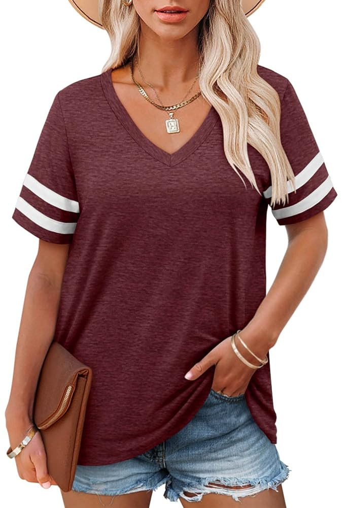 Angerella Casual Summer Tops for Women V Neck T Shirts Short Sleeve Tunic Tops Loose Fit | Amazon (US)
