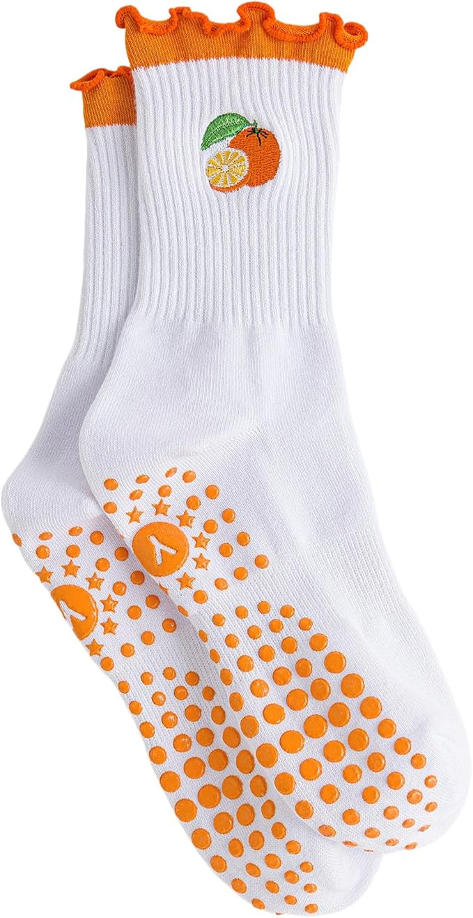 Yawlsow Cute Pilates Grip Socks for Women Ruffle Frilly Yoga Socks Non Slip Cotton Crew Grippy So... | Amazon (US)